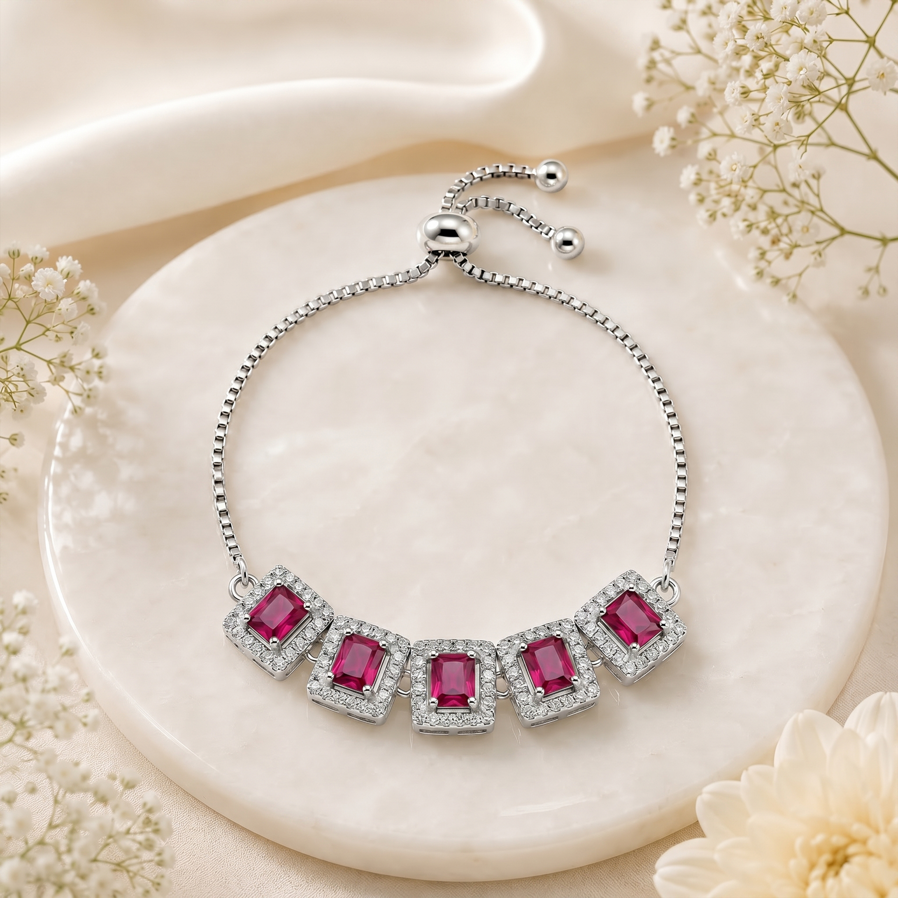Elegant Silver-Tone Pink American Diamond Adjustable Bracelet for Women | Square Ruby Pink CZ Stone Bracelet | Premium Slider Bracelet for Party & Wedding Wear