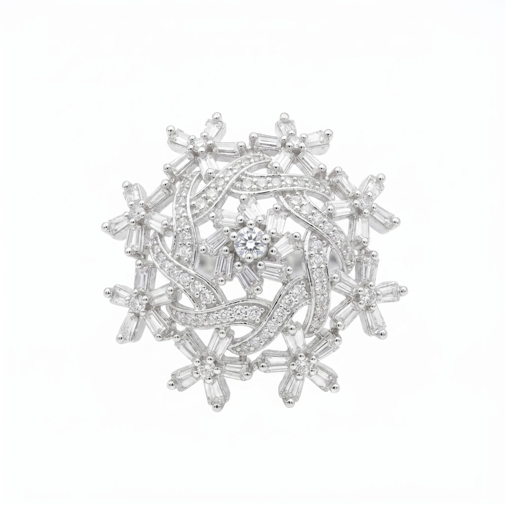 Luxury Snowflake American Diamond Statement Ring for Women | Silver Tone Crystal Cocktail Ring | Elegant Party & Wedding Jewelry