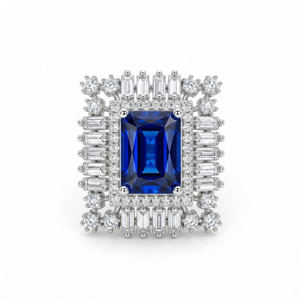 Royal Blue Sapphire Look American Diamond Statement Ring for Women | Luxury Silver Tone Cocktail Ring | Wedding, Party & Bridal Jewelry
