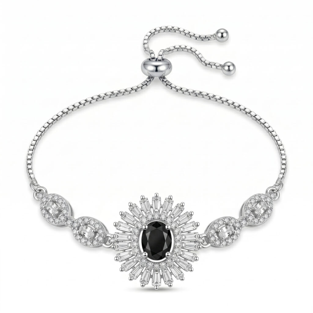 Luxury Black Stone American Diamond Adjustable Bracelet for Women | Silver Tone Statement Bracelet | Party, Wedding & Festive Jewelry