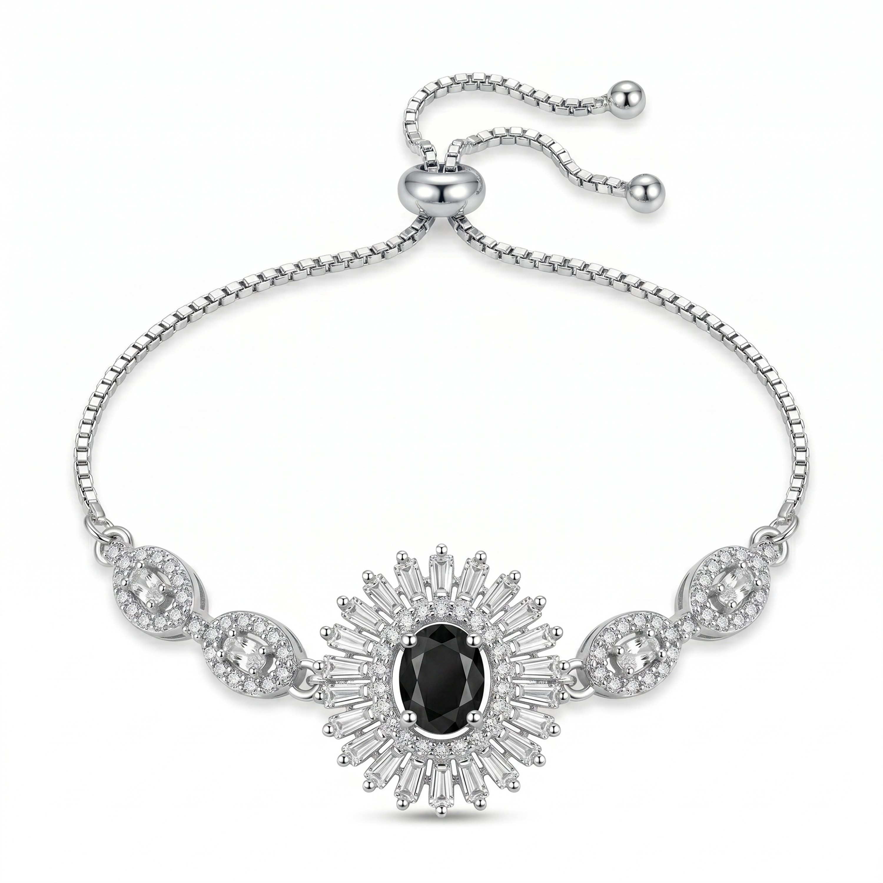 Luxury Black Stone American Diamond Adjustable Bracelet for Women | Silver Tone Statement Bracelet | Party, Wedding & Festive Jewelry