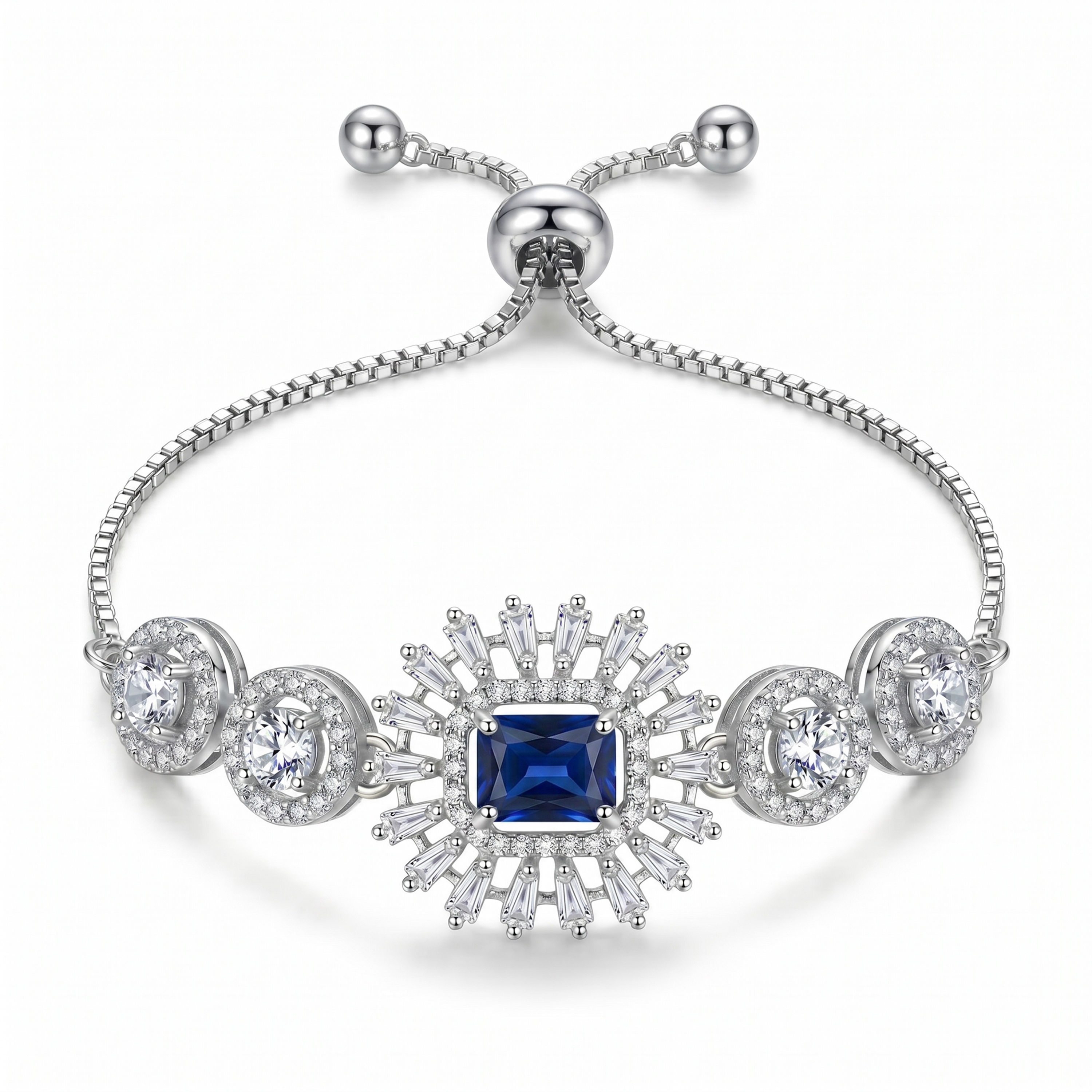 Elegant Blue Stone American Diamond Adjustable Bracelet for Women | Silver-Tone AD Bracelet | Party, Wedding & Festive Wear