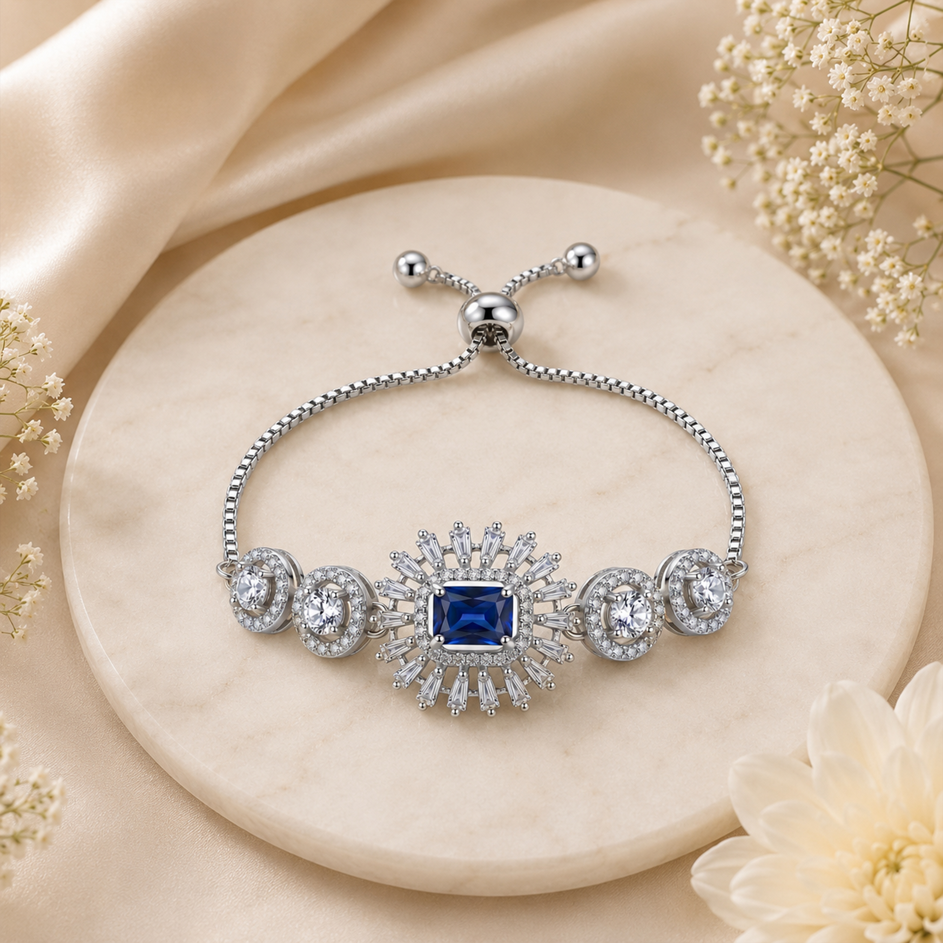 Elegant Blue Stone American Diamond Adjustable Bracelet for Women | Silver-Tone AD Bracelet | Party, Wedding & Festive Wear - Image 2