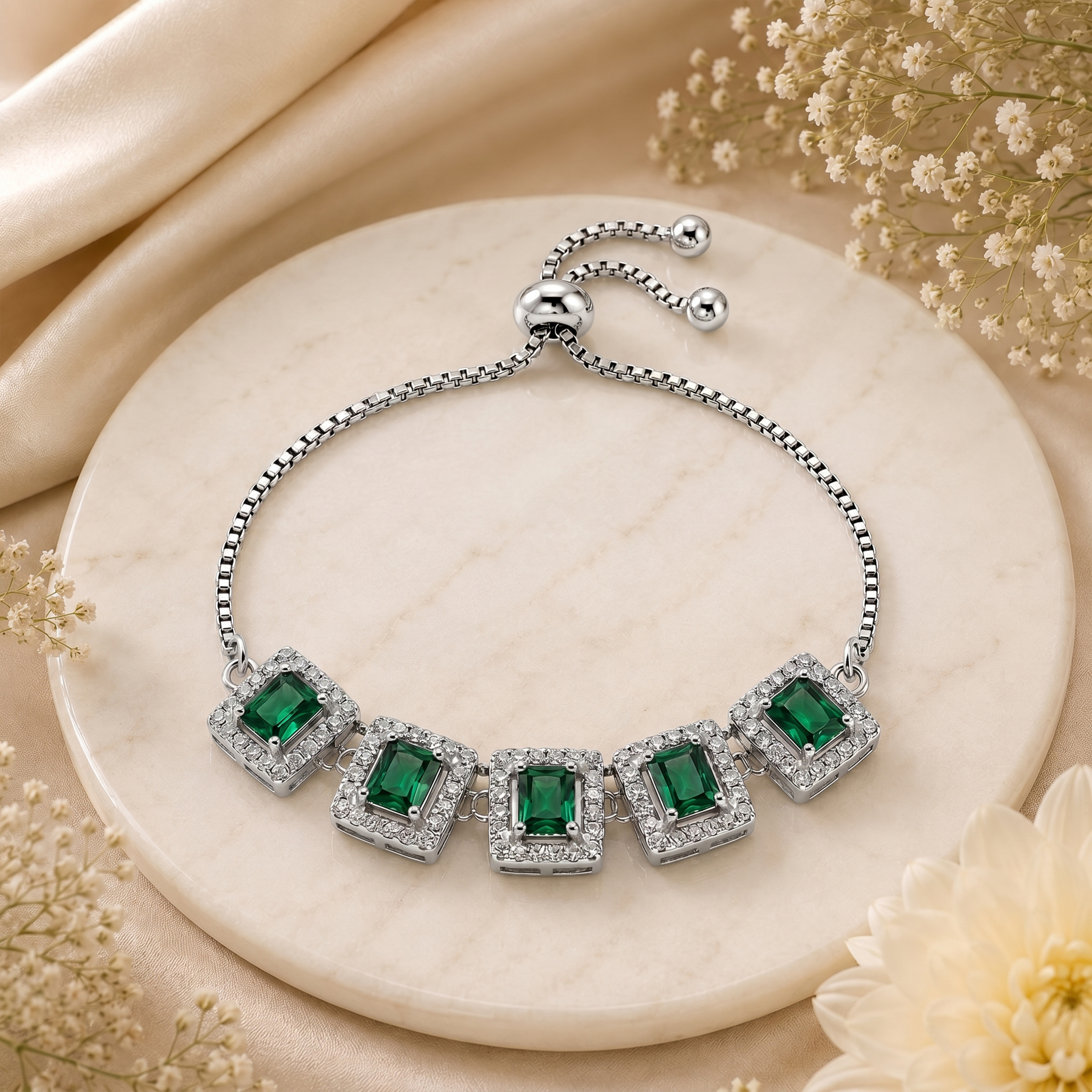 Elegant Emerald Green American Diamond Adjustable Bracelet for Women | Silver Tone Crystal Tennis Bracelet | Party, Wedding & Festive Wear - Image 2
