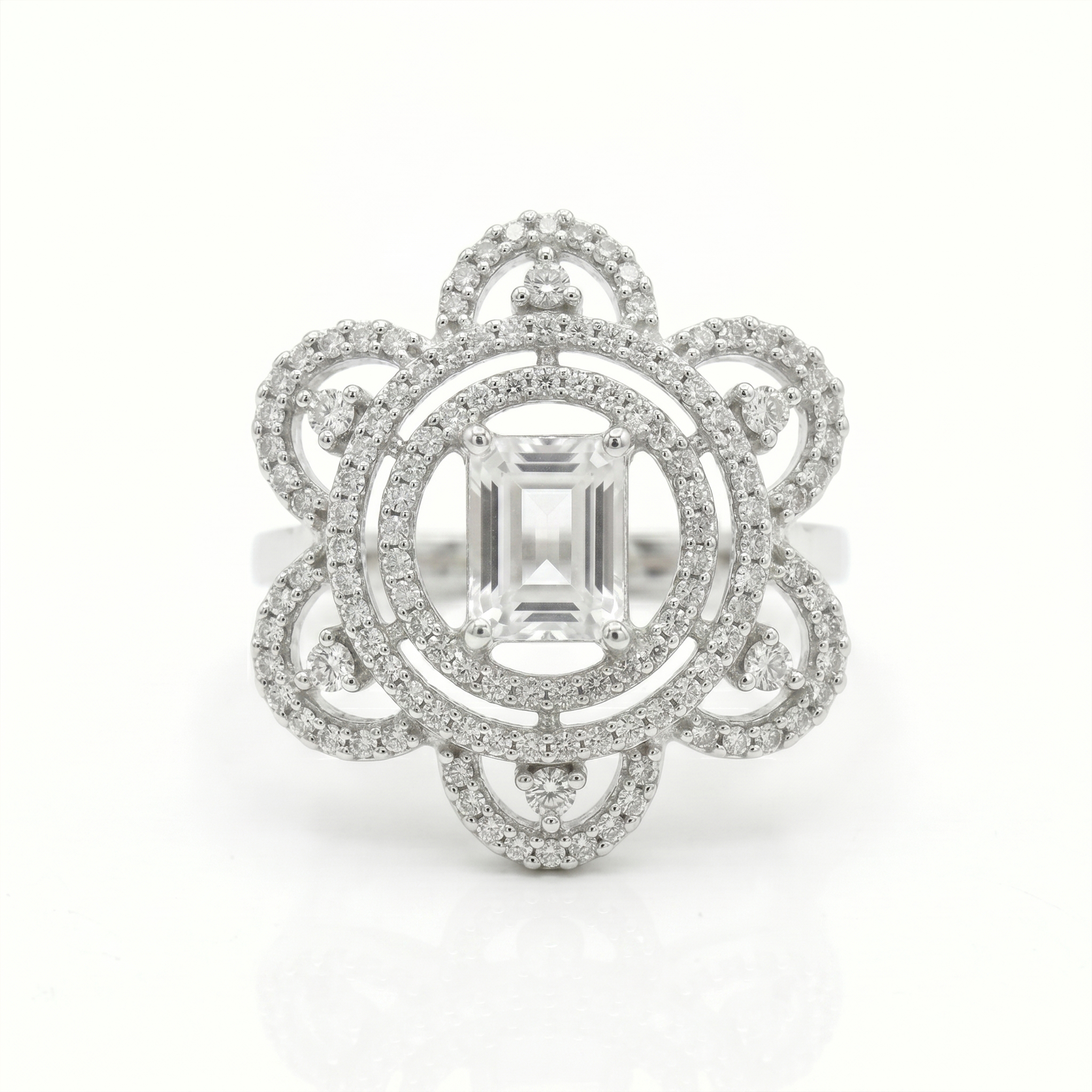 Elegant American Diamond Floral Statement Ring with Clear Emerald-Cut Crystal Stone | Silver Plated Cocktail Ring for Women & Girls | Wedding, Party & Festive Jewelry