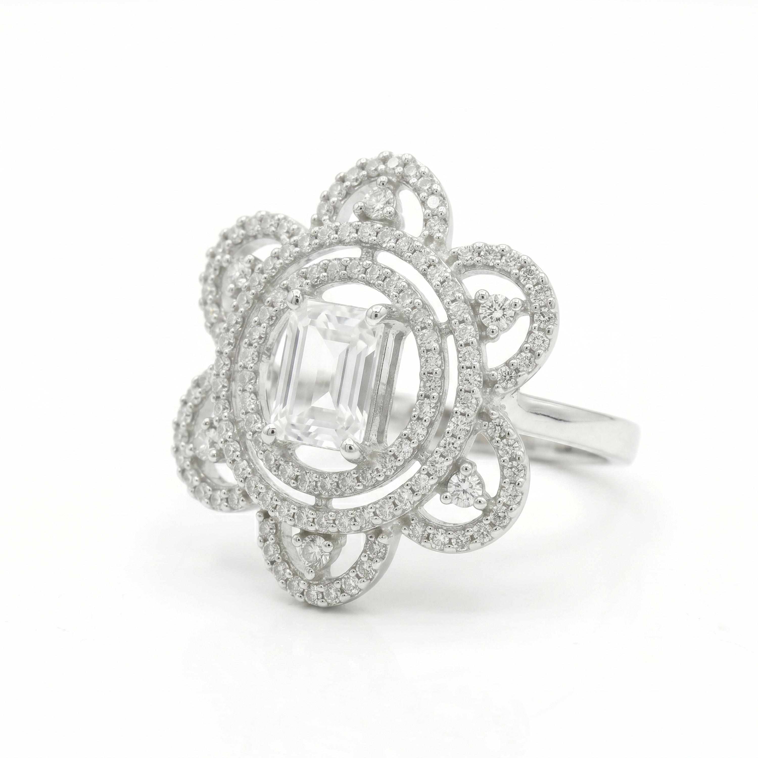 Elegant American Diamond Floral Statement Ring with Clear Emerald-Cut Crystal Stone | Silver Plated Cocktail Ring for Women & Girls | Wedding, Party & Festive Jewelry - Image 2