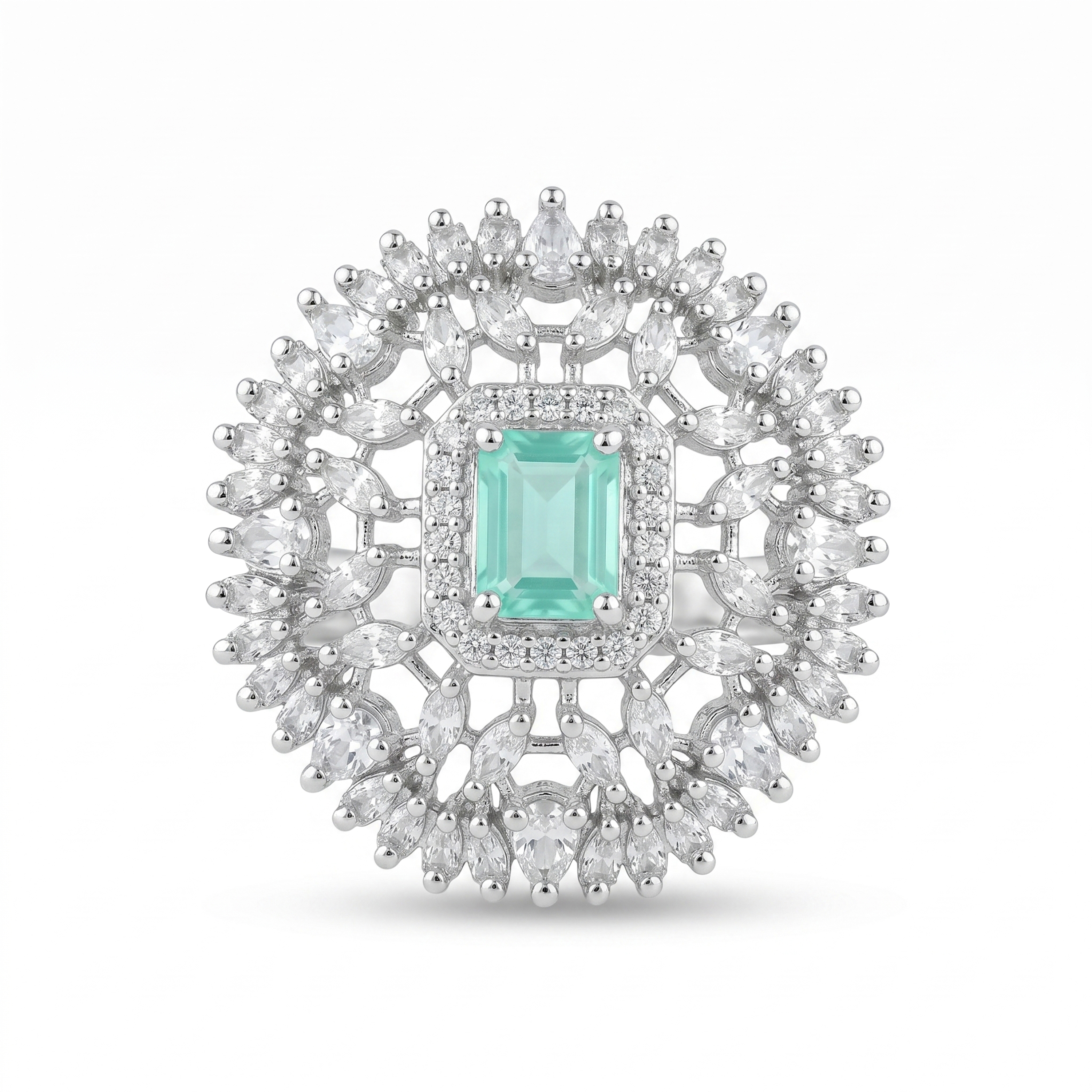 Luxury American Diamond Floral Statement Ring with Aqua Green Emerald-Cut Stone | Silver Plated Cocktail Ring for Women & Girls | Wedding, Party & Festive Wear