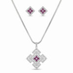 American Diamond Pendant Set with Purple Floral Stones | Silver Plated Necklace & Earrings Set for Women | Wedding, Party & Festive Jewelry