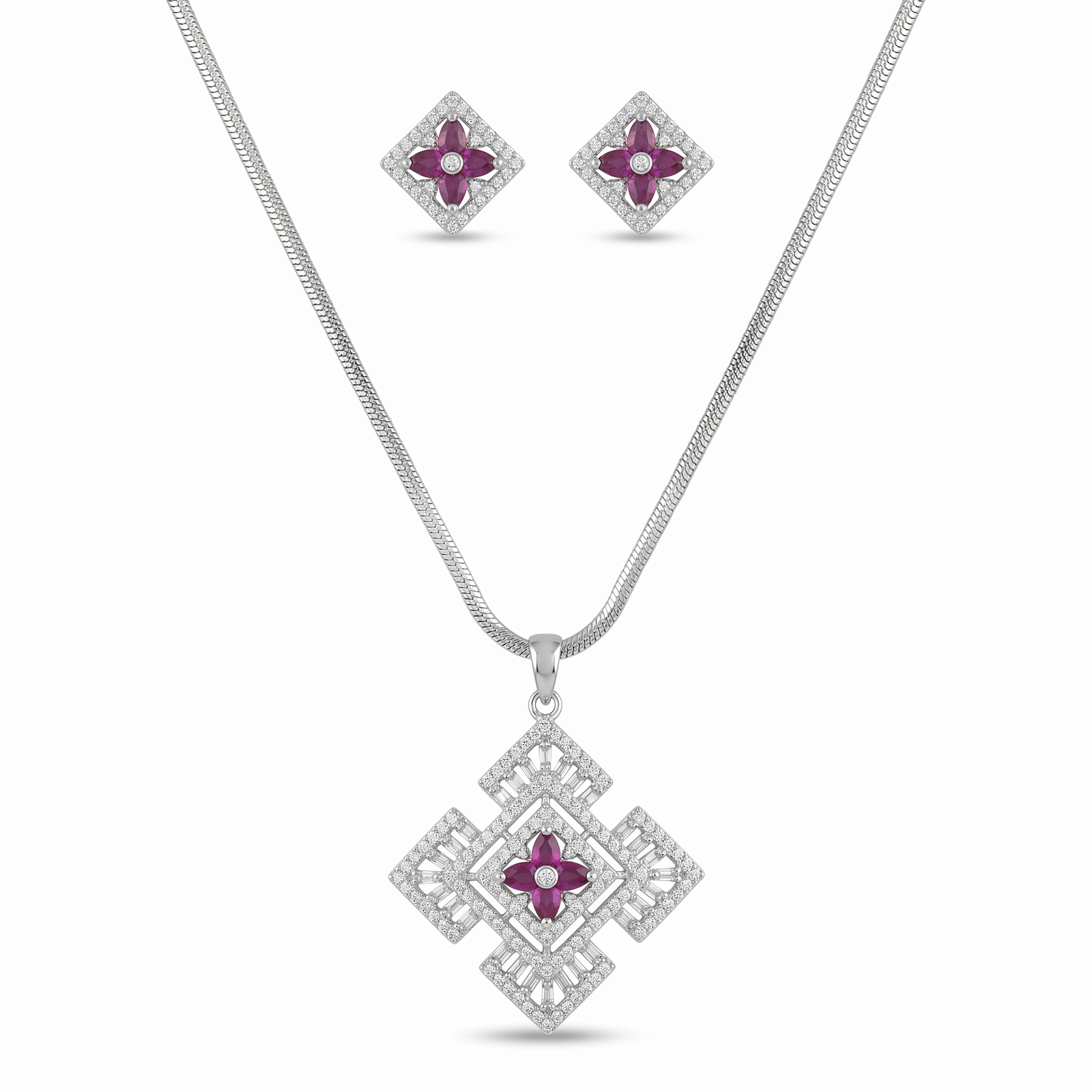 American Diamond Pendant Set with Purple Floral Stones | Silver Plated Pendant & Earrings Set for Women | Wedding, Party & Festive Jewelry