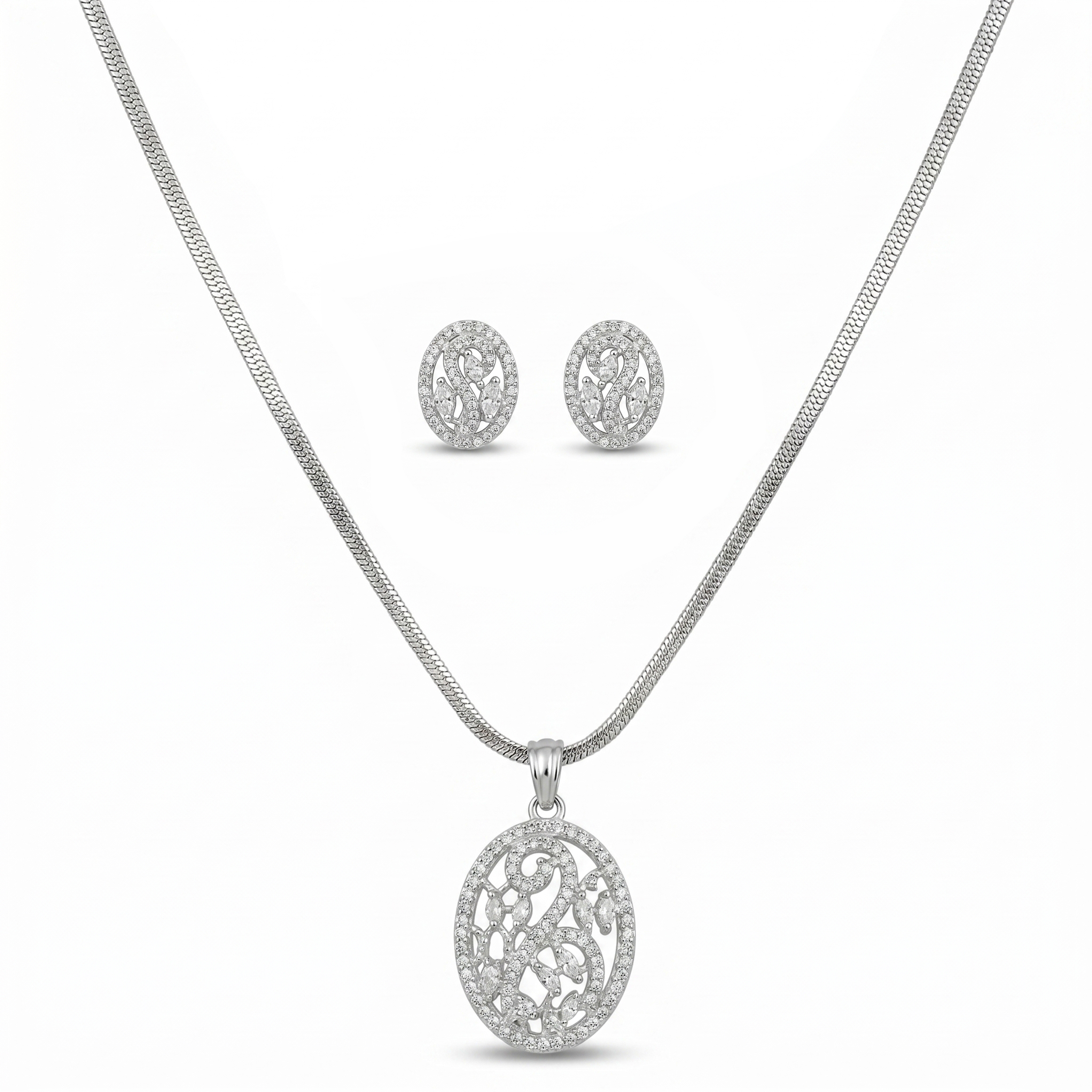 American Diamond Oval Pendant Set for Women | Silver-Tone Filigree Necklace with Matching Stud Earrings | Party, Wedding & Festive Jewellery